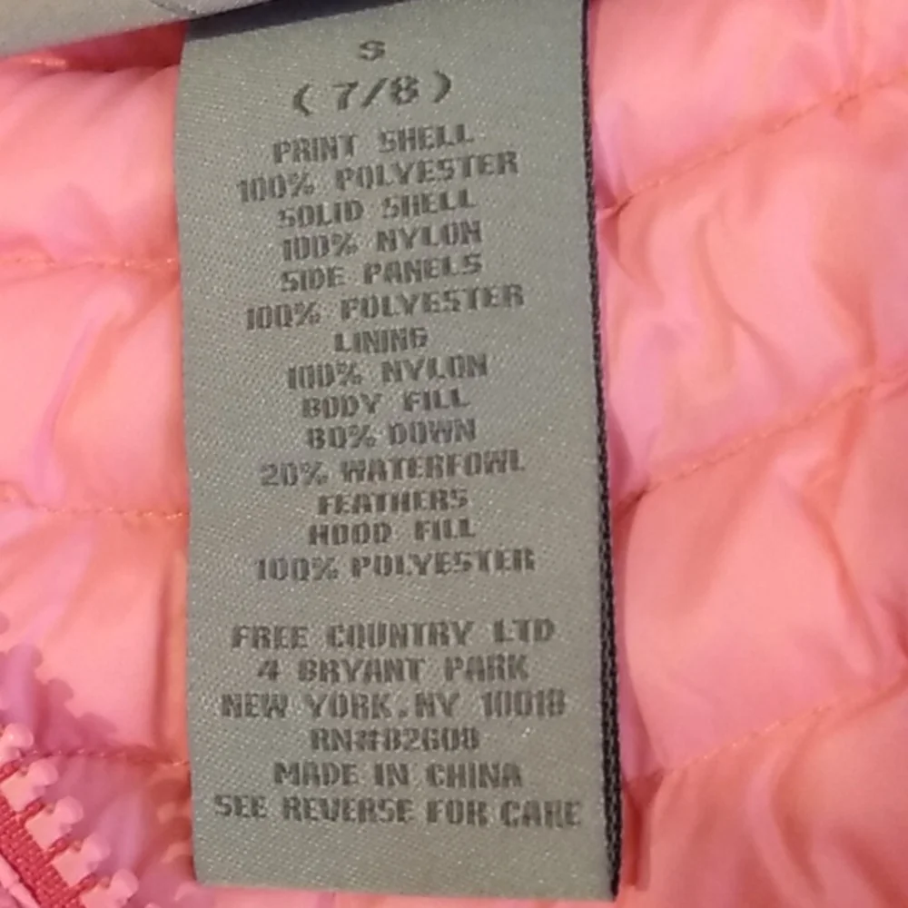 Free Country Girls Pink Hooded‎ Down Puffer Vest Lightweight Size S 7-8